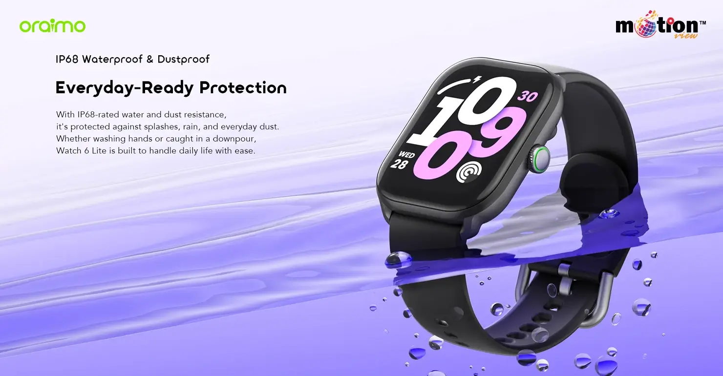 oraimo Watch 6 Lite OSW-809 smartwatch partially submerged in water demonstrating its IP68 waterproof and dustproof rating