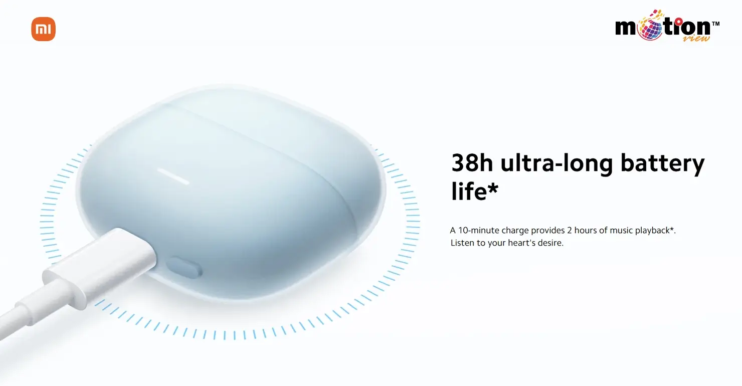 Redmi Buds 6 Lite 38h ultra-long battery life with fast charging support via USB-C.