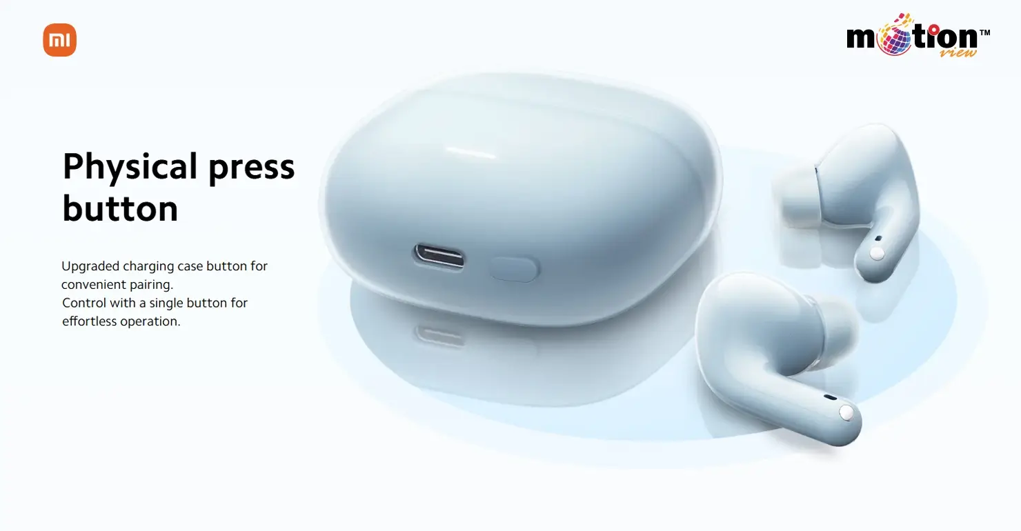 Close-up of Redmi Buds 6 Lite charging case featuring a physical press button for easy Bluetooth pairing.