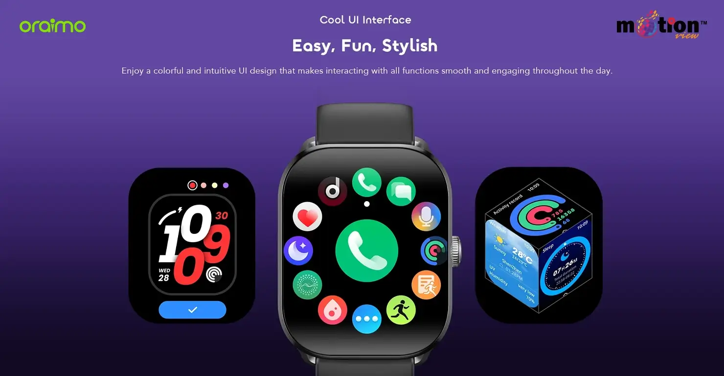 Colorful and intuitive UI interface designs including circular app menus and activity widgets on the oraimo Watch 6 Lite OSW-809