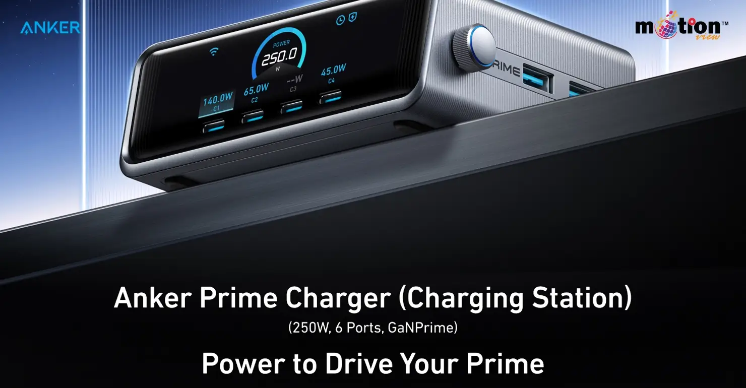 Front-facing view of the Anker Prime Charging Station (250W, 6 Ports) featuring a built-in LCD screen showing real-time power distribution and a side-mounted control knob.