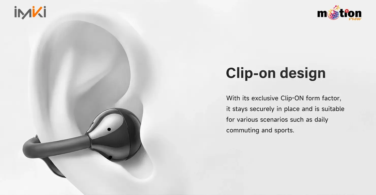 Detailed view of the exclusive Imiki SP2 clip-on form factor staying securely on a human ear.