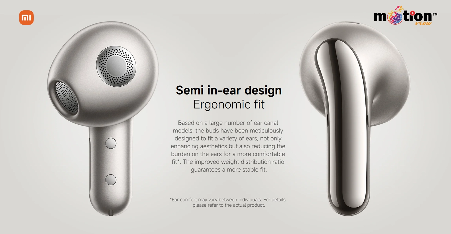 Elegant semi-in-ear design of Xiaomi Buds 5 featuring a streamlined stem and comfortable fit.