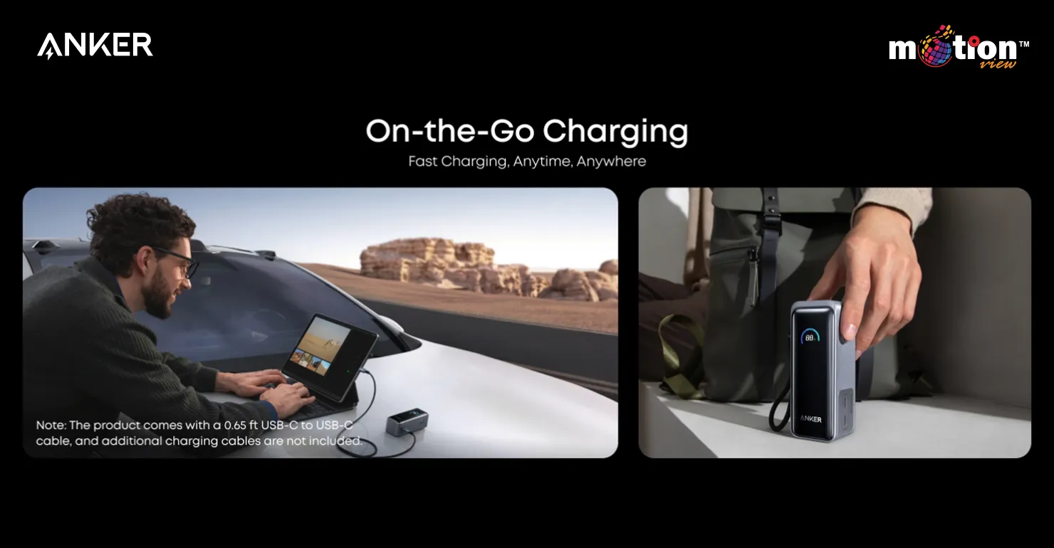 Lifestyle images showing the portable Anker Prime 9.6K Fusion Charger delivering on-the-go fast charging to a tablet outdoors and being easily carried by its strap
