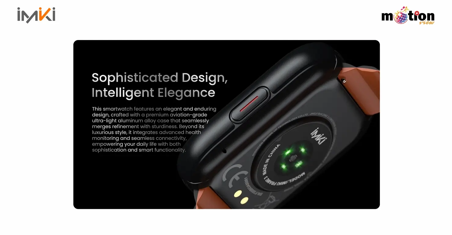 Close-up of Imiki Frame 3 Smartwatch aviation-grade aluminum alloy case and heart rate sensor.