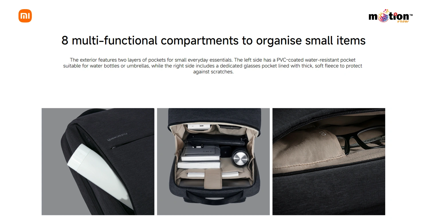 Detail shots of the Xiaomi City Backpack 2 showing its 8 multi-functional compartments and organized interior layout.