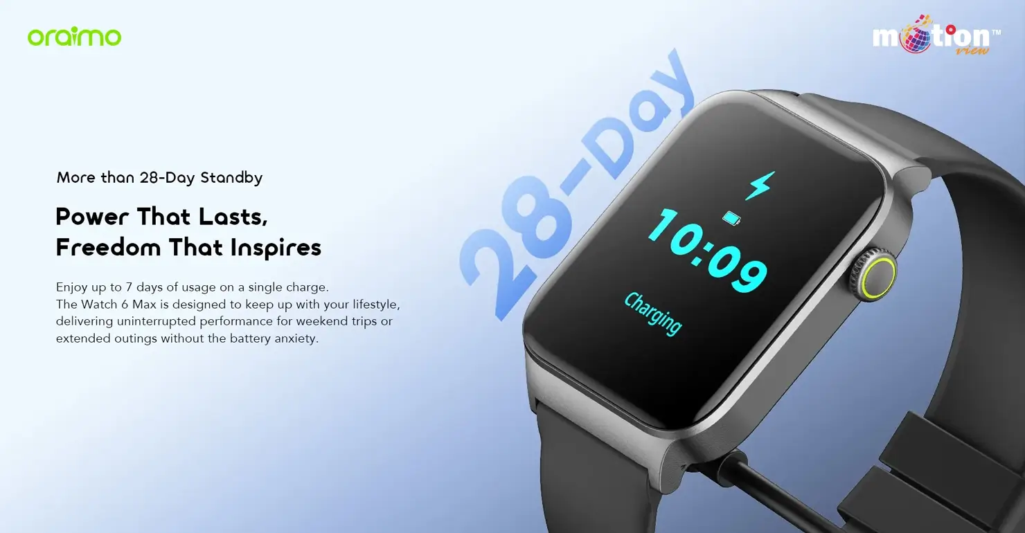 oraimo Watch 6 Max OSW-8001N smartwatch charging, highlighting its impressive up to 28-day standby and reliable battery life