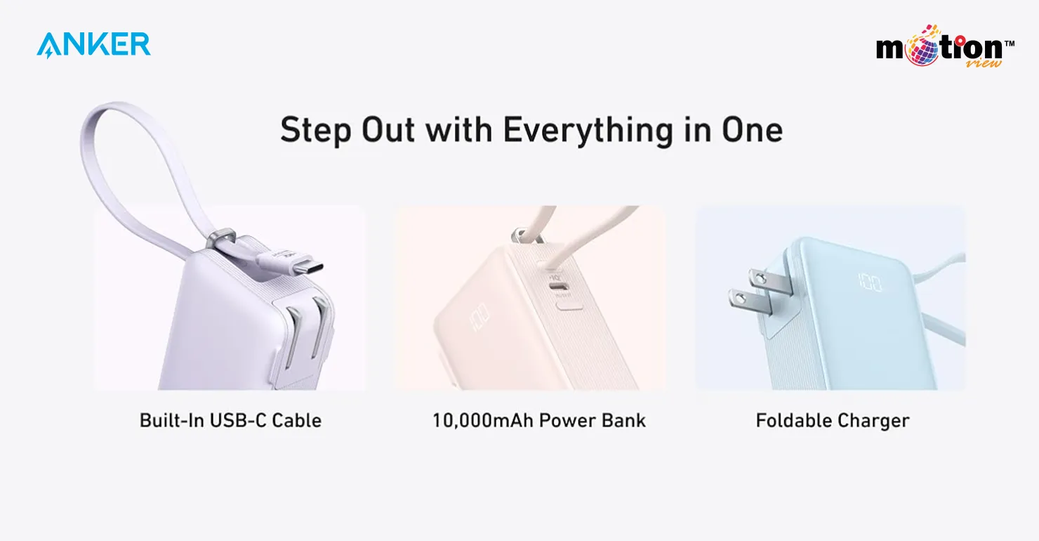 Three pastel color options of the Anker 10K Fusion Power Bank showcasing its 3-in-1 design with a 10,000mAh battery, built-in cable, and foldable wall charger