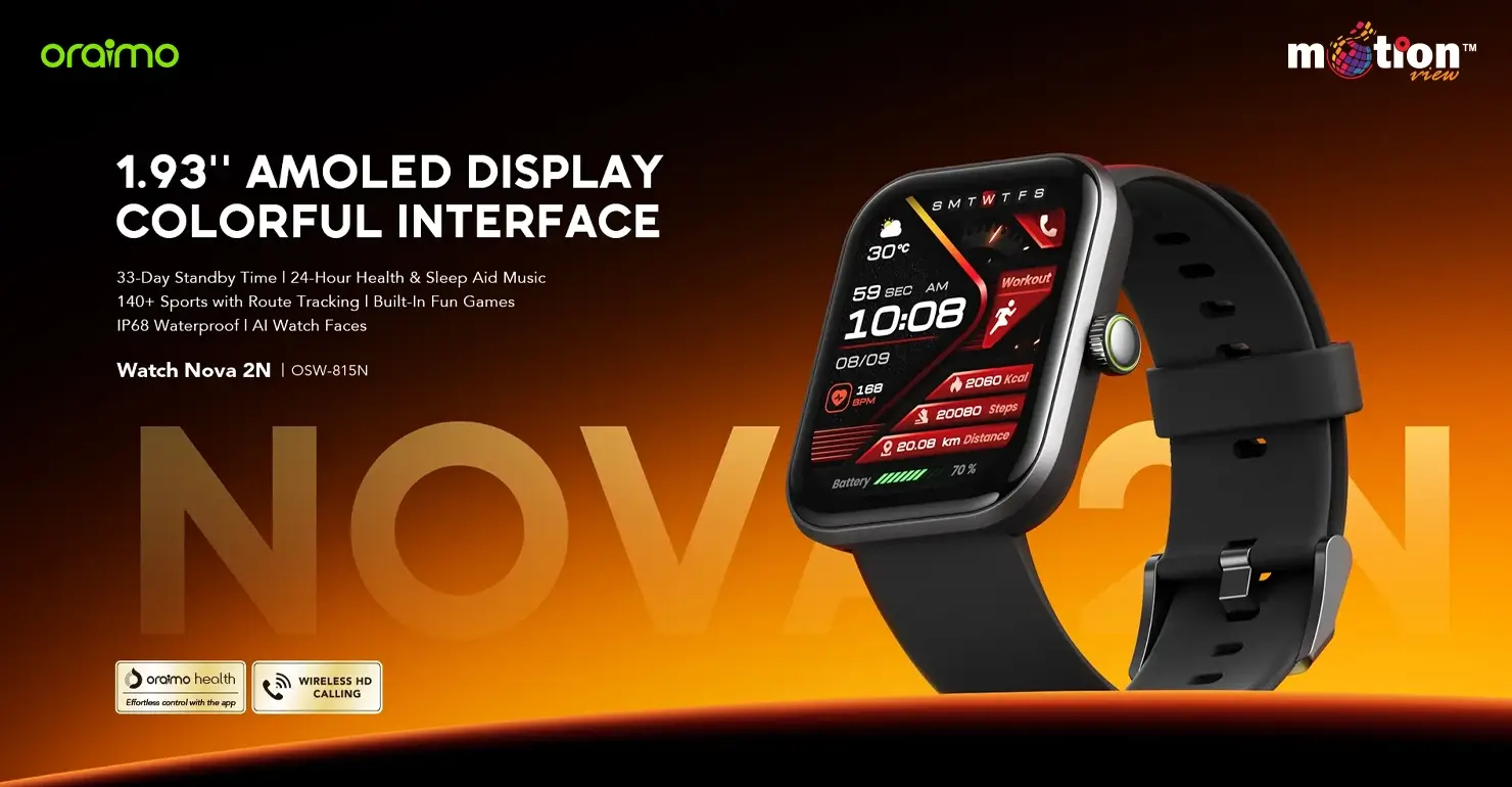 oraimo Watch Nova 2N OSW-815N Smart Watch featuring a vibrant 1.93-inch AMOLED display and colorful interface
