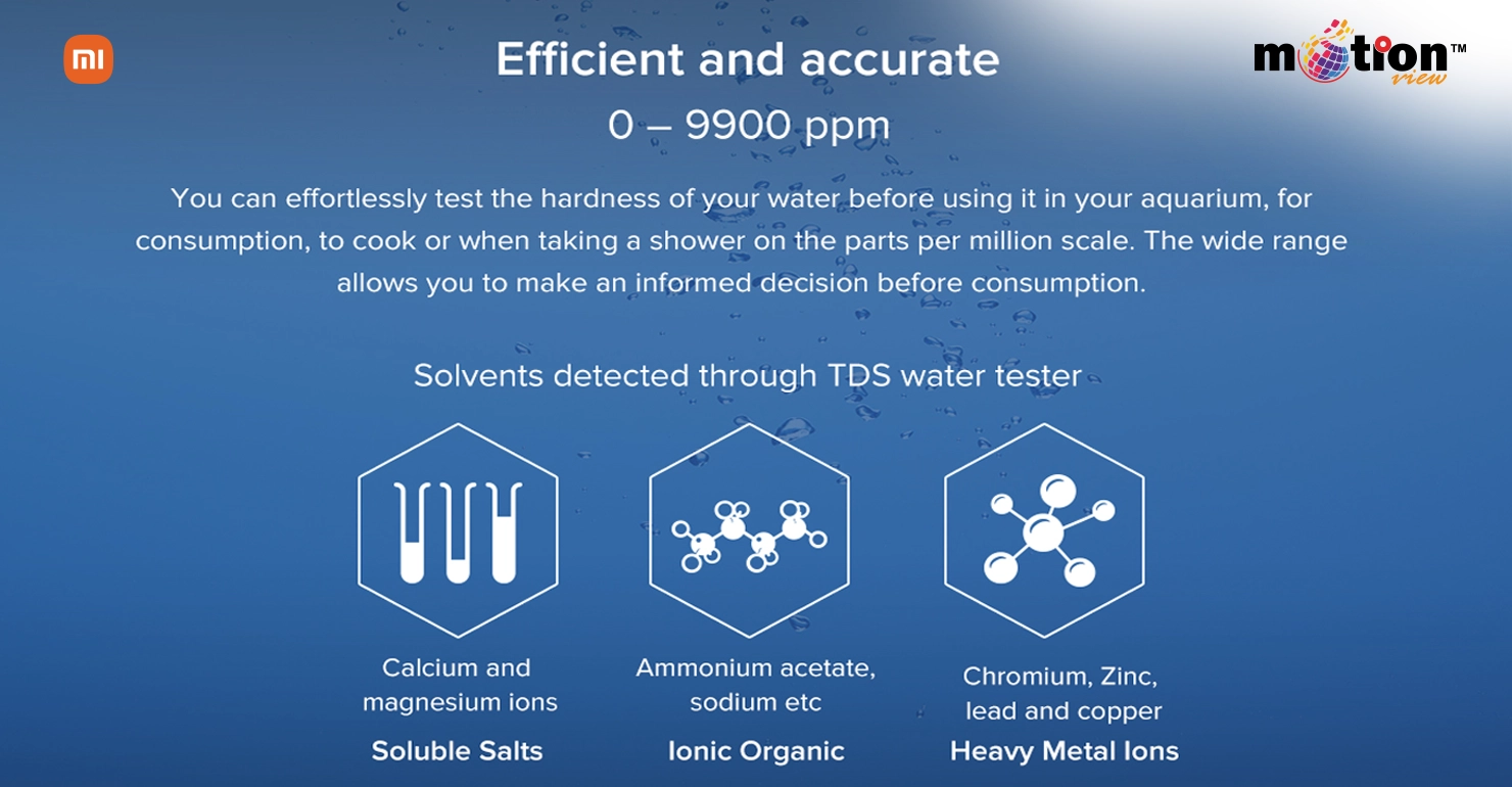 Xiaomi Water TDS Tester detection range 0-9900 ppm for soluble salts, ionic organic, and heavy metal ions.