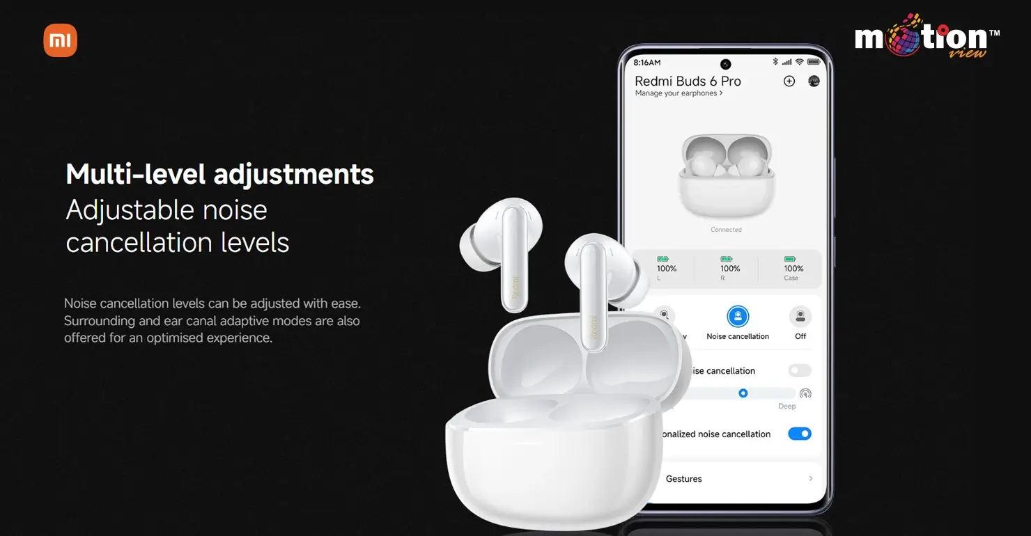Xiaomi Earbuds app interface showing multi-level adjustable noise cancellation settings for Redmi Buds 6 Pro.