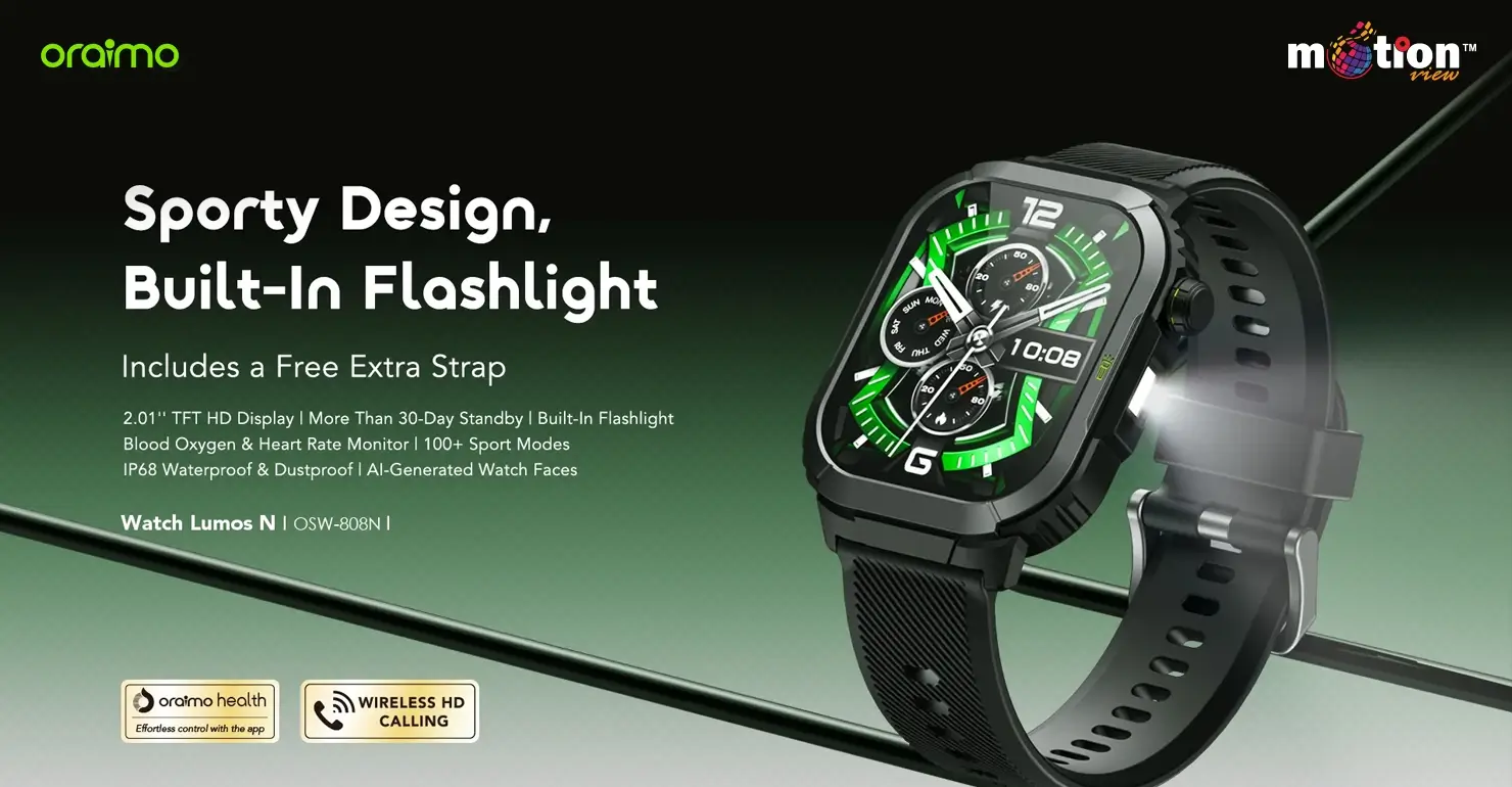 oraimo Watch Lumos N OSW-808N Smart Watch with sporty design, built-in flashlight, and black strap