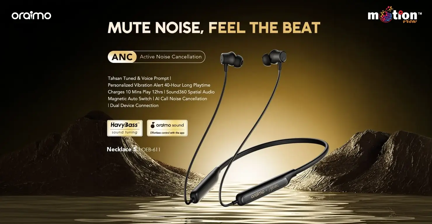 oraimo Necklace 5 ANC neckband displaying key features and HavyBass tuning.