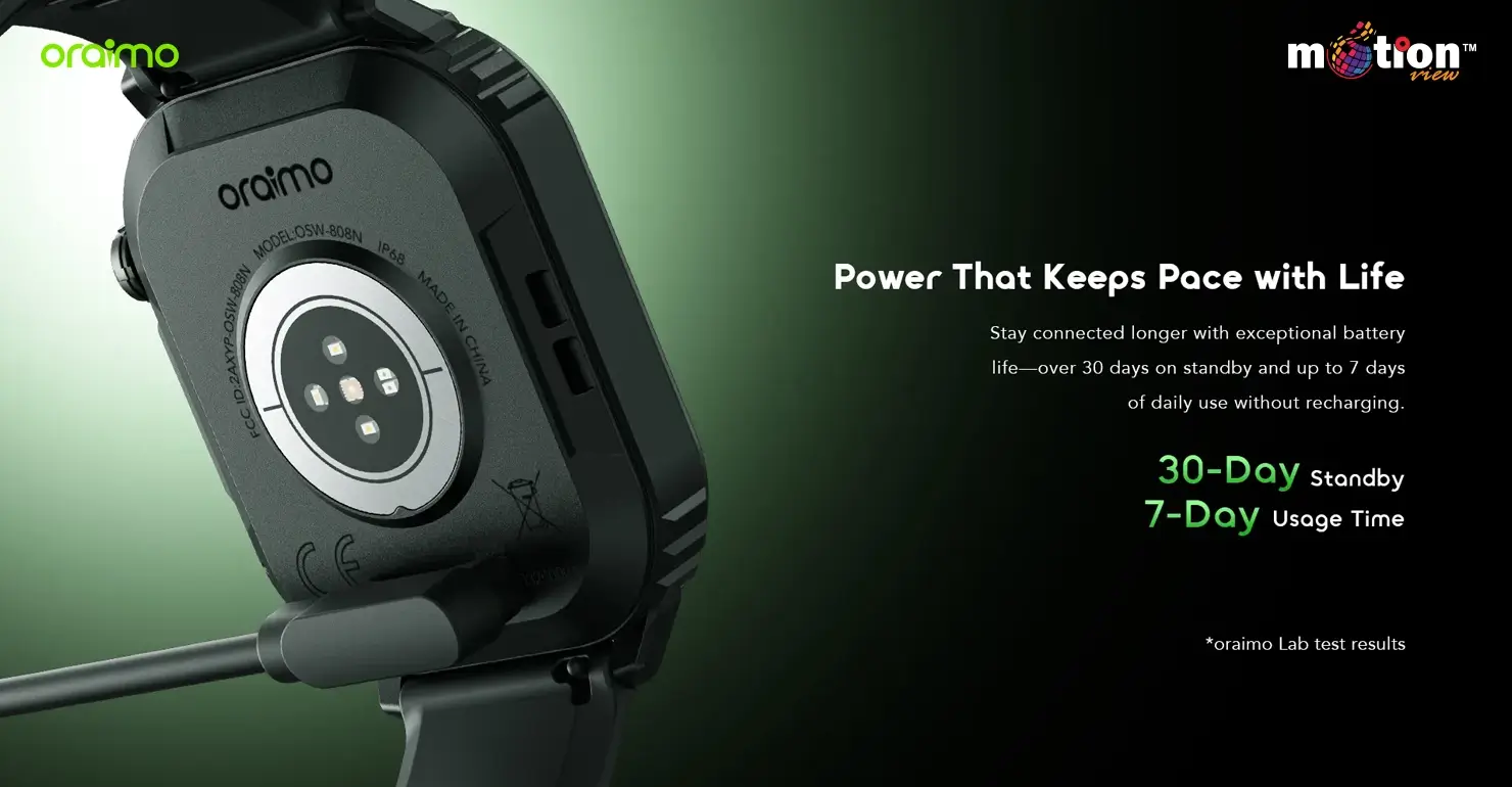 Magnetic charging view of oraimo Watch Lumos N OSW-808N highlighting up to 30-day standby and 7-day usage battery life