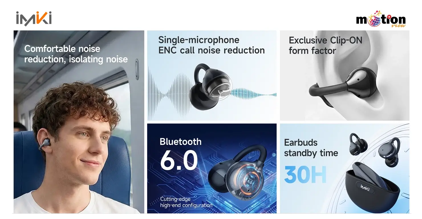 Imiki SP2 Earbuds features infographic showing Bluetooth 6.0 technology, ENC noise reduction, and 30-hour standby time.