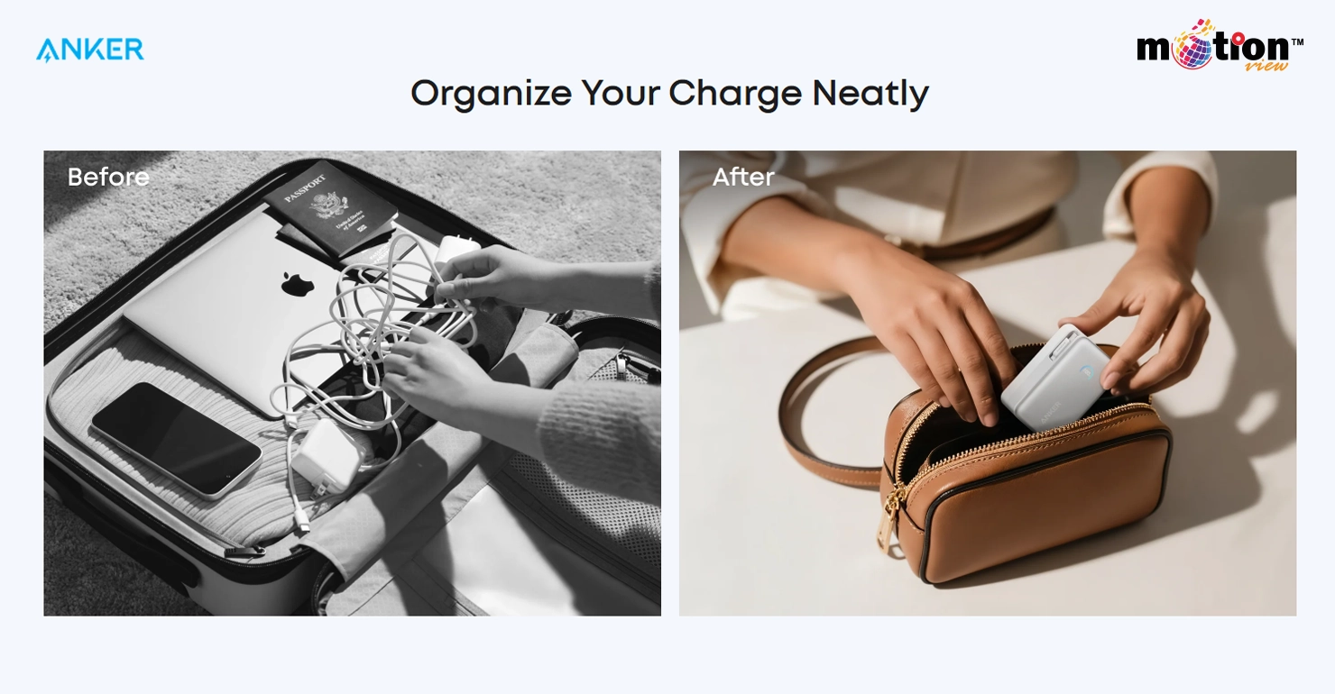 Before and after comparison of a messy suitcase with tangled cables versus an organized handbag containing an Anker Nano power bank.