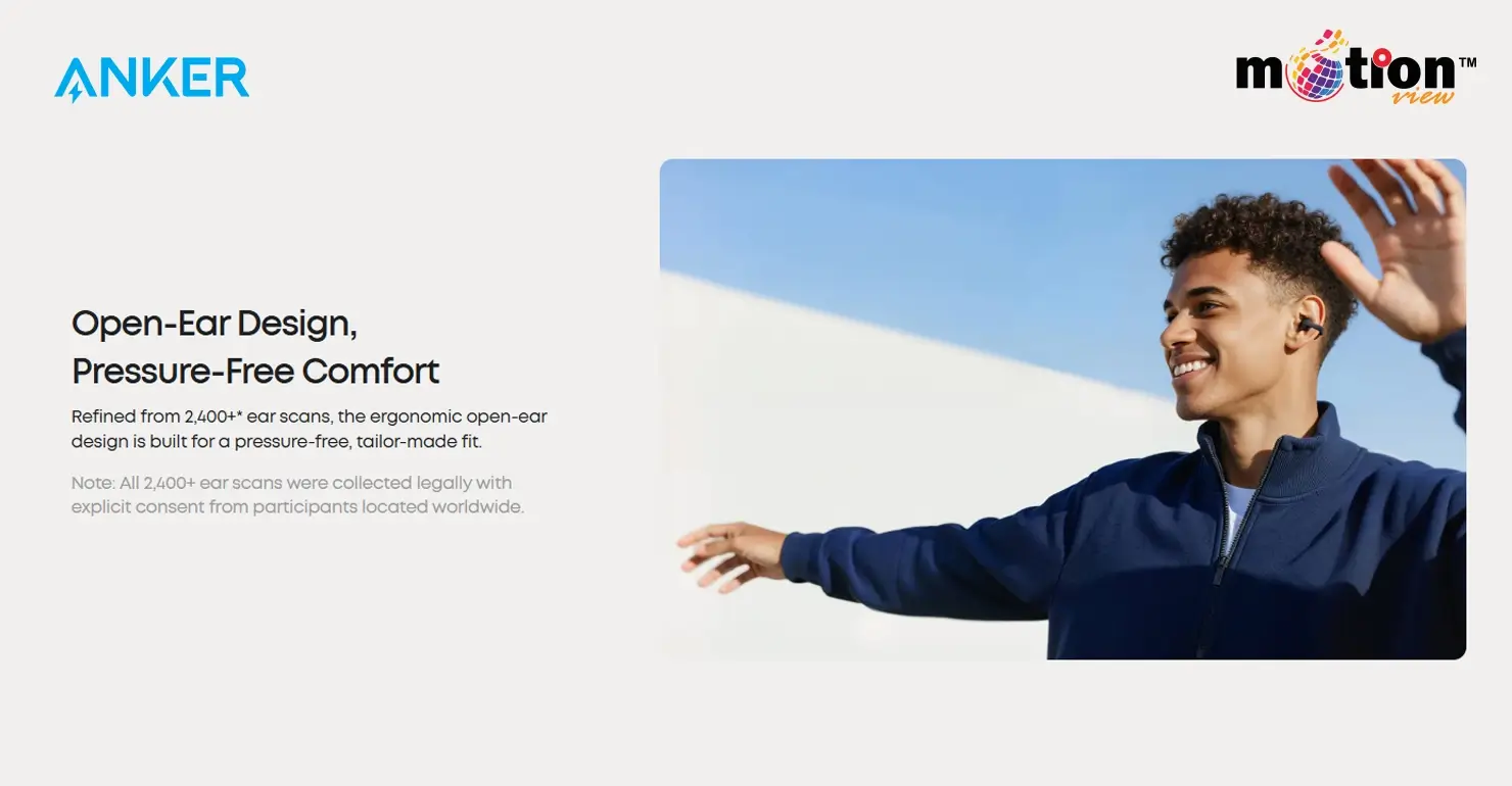 Young man wearing Anker Soundcore C50i earbuds showing ergonomic pressure-free open-ear fit