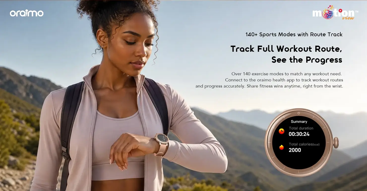 A woman in athletic wear checking her workout progress on the Oraimo Watch Muse 2 Lite, highlighting its 140+ sports modes.