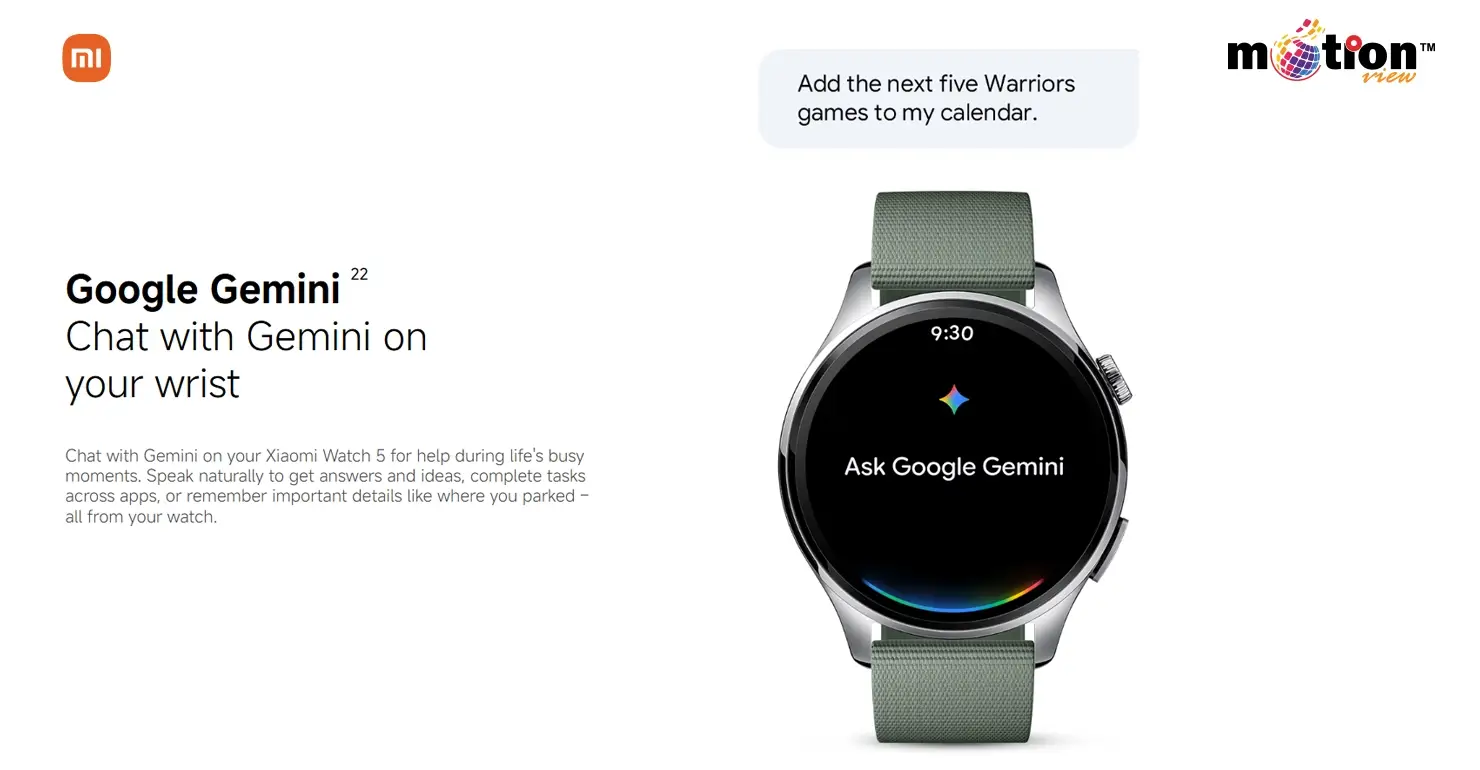 Google Gemini AI assistant on Xiaomi Watch 5 allowing users to chat, set reminders, and manage tasks from their wrist.