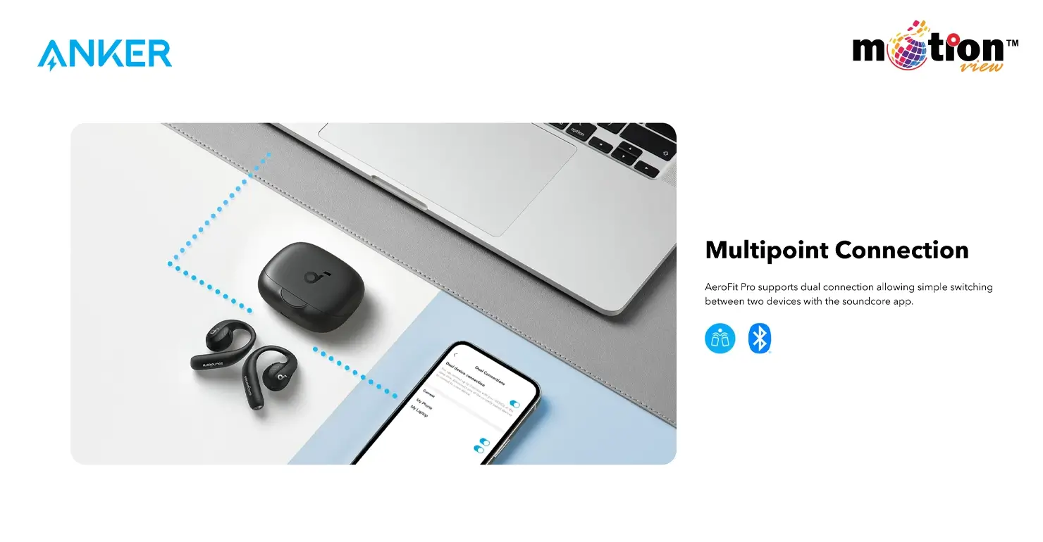 Soundcore AeroFit Pro multipoint connection allowing seamless switching between a laptop and smartphone.