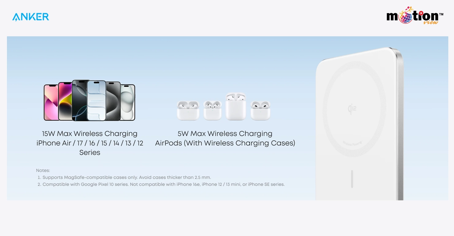 Compatibility graphic showing 15W max wireless charging for iPhone 12 through 17 series and 5W charging for AirPods with wireless cases.