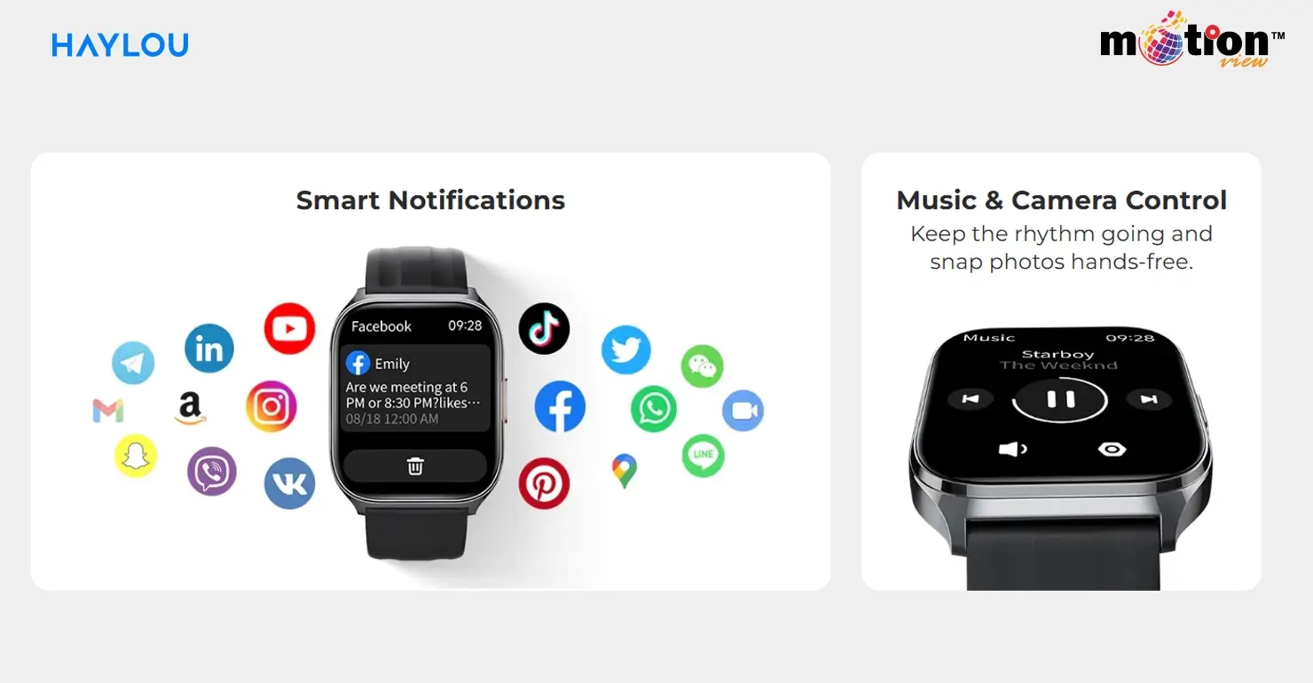 Smart notifications for social media and music control on HAYLOU Watch 3