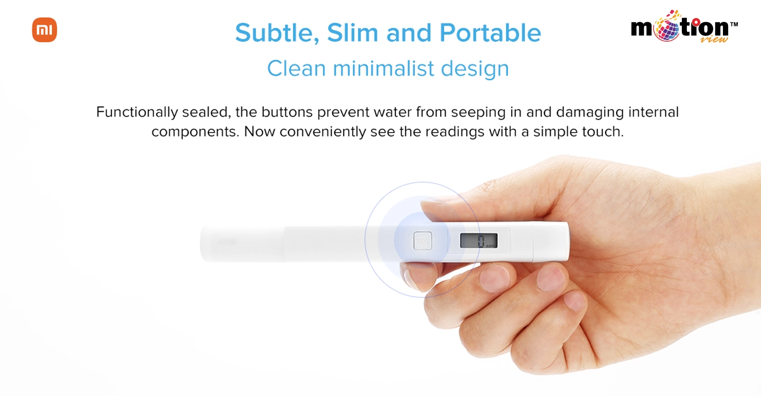 Minimalist and portable Xiaomi TDS Pen design featuring functionally sealed buttons for easy water quality readings.