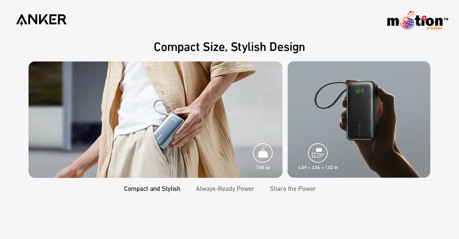 Demonstration of the Anker Nano 10K Power Bank's ultra-compact, stylish, and pocket-friendly 7.58 oz design