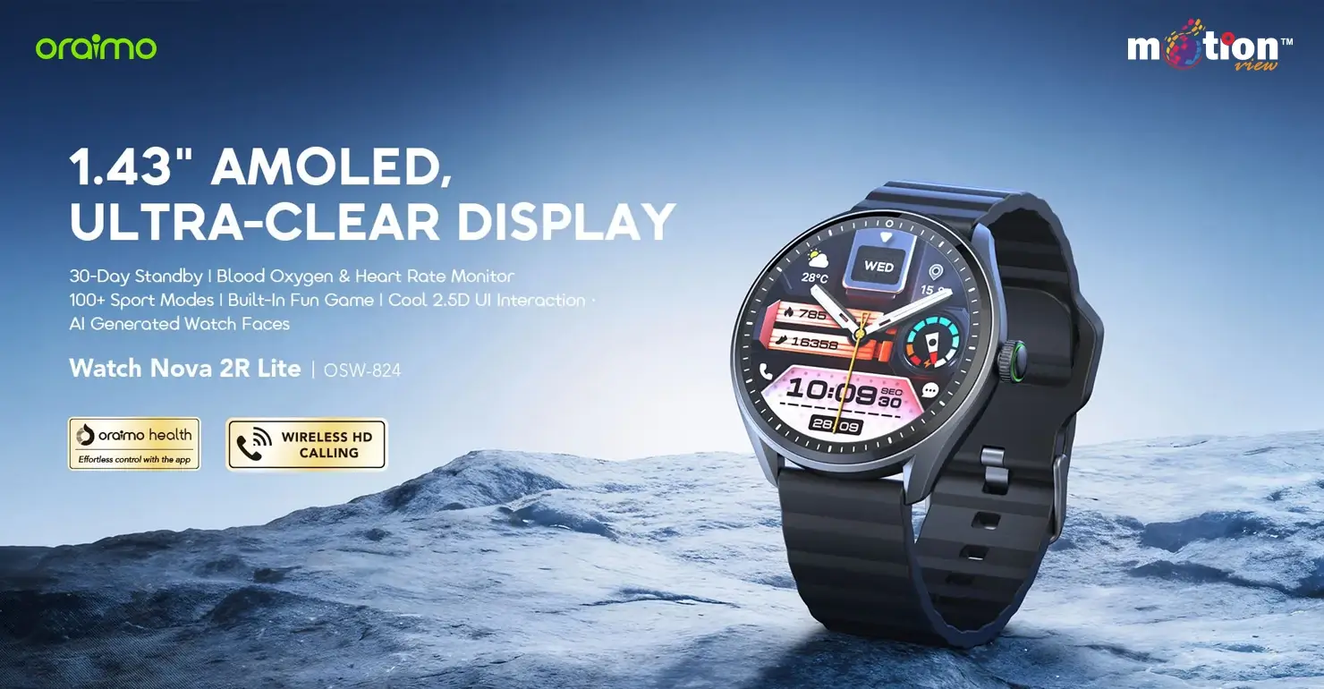 oraimo Watch Nova 2R Lite OSW-824 Smart Watch featuring a 1.43-inch AMOLED ultra-clear display resting on a snowy landscape