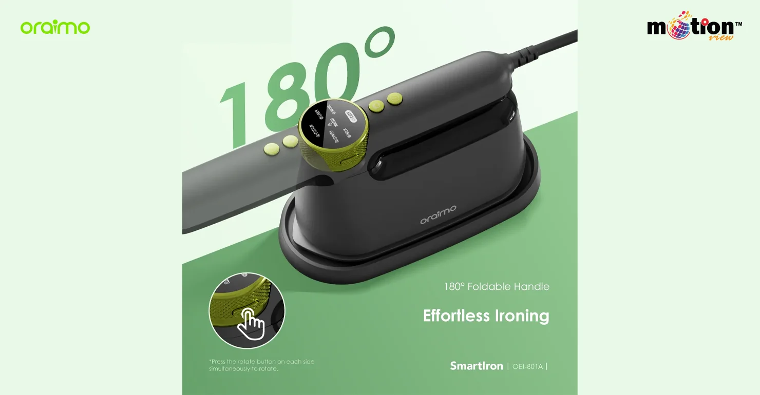 Demonstration of the 180-degree foldable handle on the oraimo SmartIron 1740W Portable Electric Iron, showing the dual side-button mechanism for effortless rotation and compact storage.