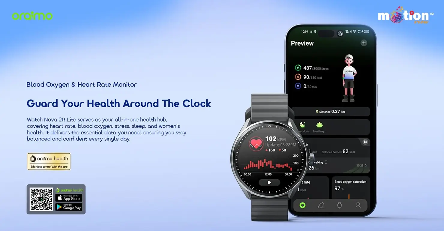 24-hour blood oxygen and heart rate monitoring dashboard displayed on the oraimo Watch Nova 2R Lite OSW-824 and smartphone app