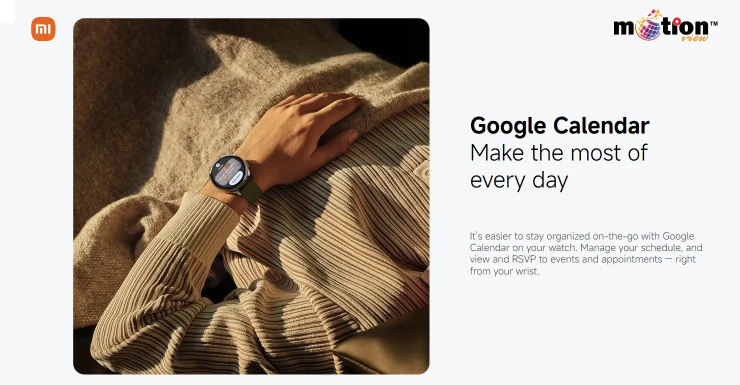 Close-up of Google Calendar on Xiaomi Watch 5 for managing schedules, viewing events, and RSVPing on the go.
