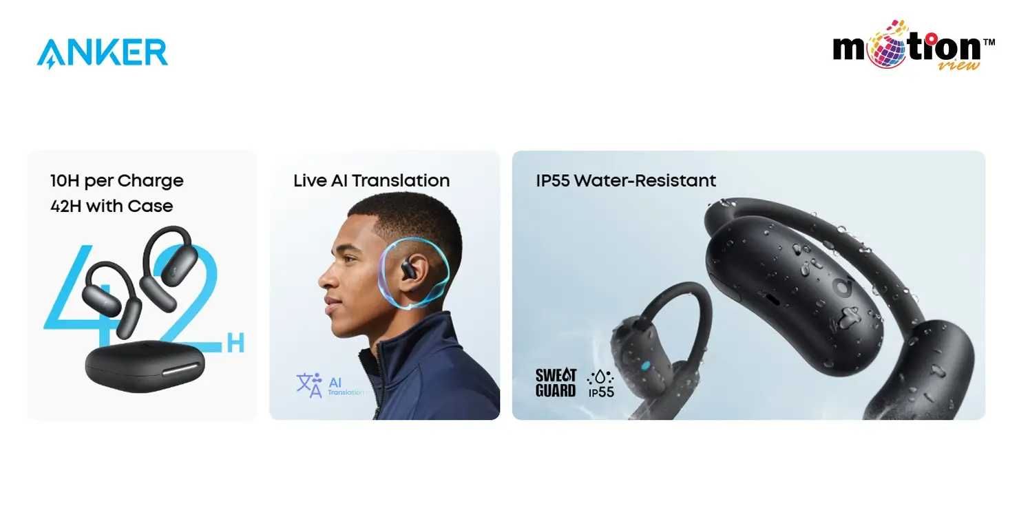 Soundcore AeroFit 2 features: 42-hour total battery life, live AI translation, and IP55 water-resistance rating.