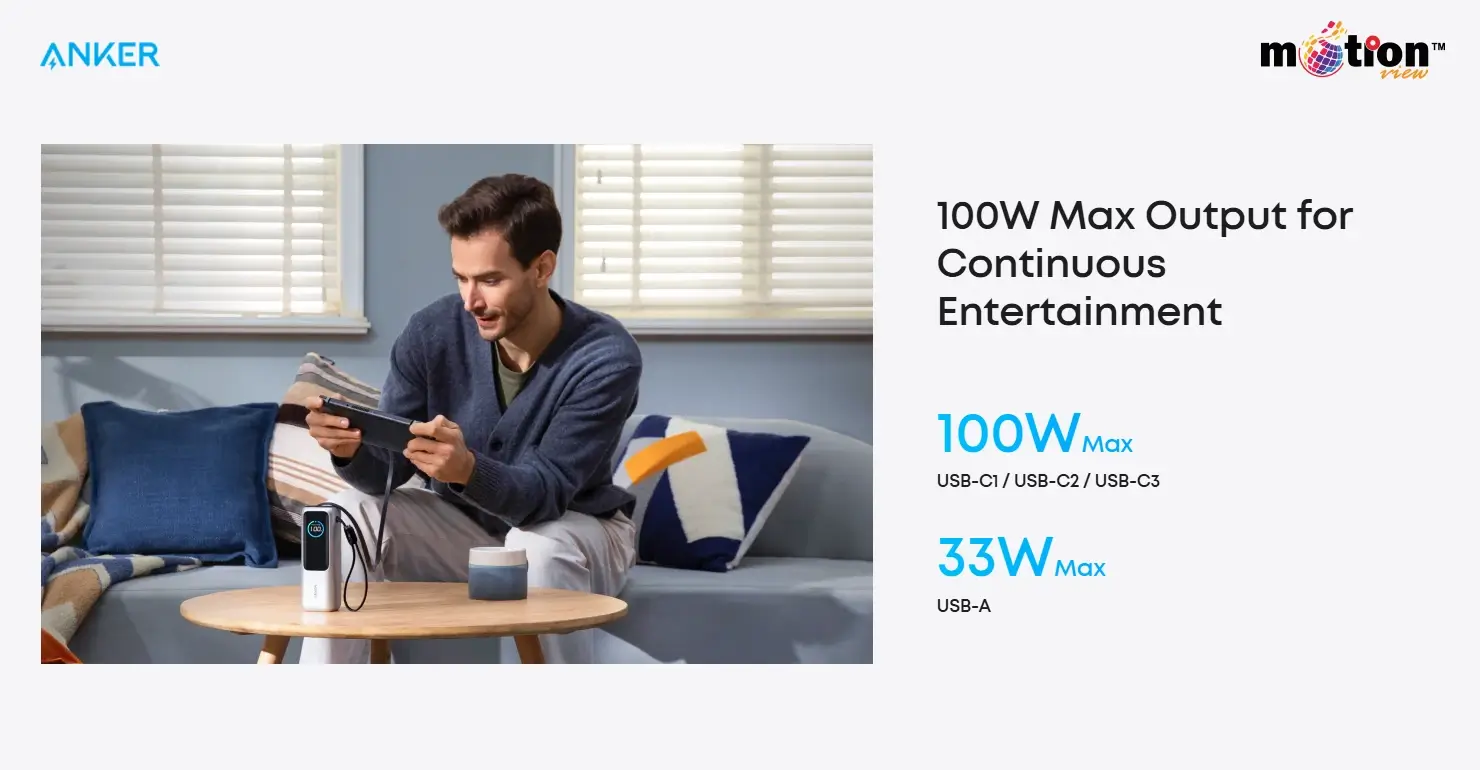A man sitting on a sofa using a handheld gaming console powered by the Anker 165W power bank, highlighting its 100W max output.