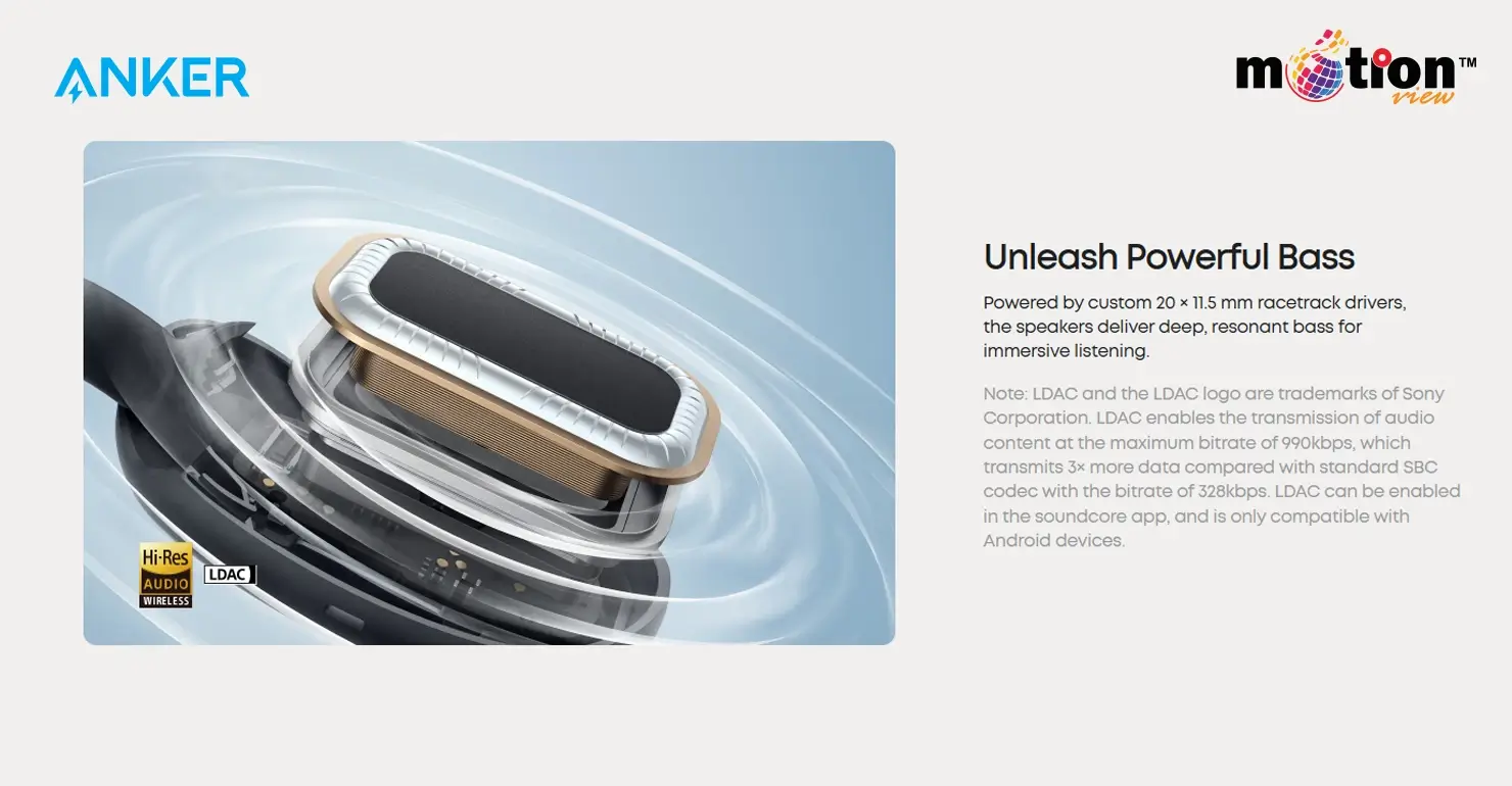 Internal view of Soundcore AeroFit 2 custom 20x11.5mm racetrack drivers with Hi-Res Audio and LDAC support.