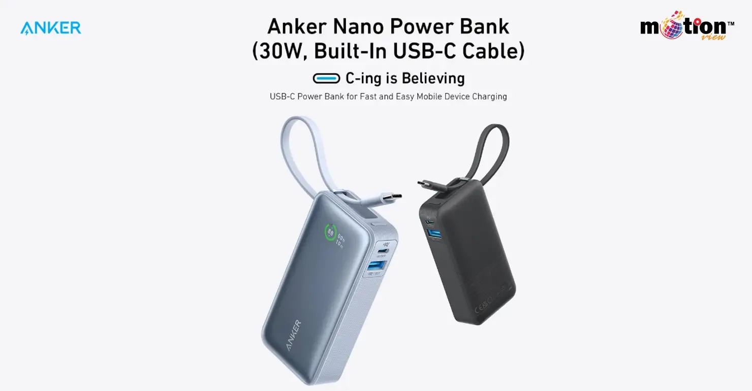 Anker Nano Power Bank 30W in blue and black colors featuring a built-in USB-C charging cable and digital status display