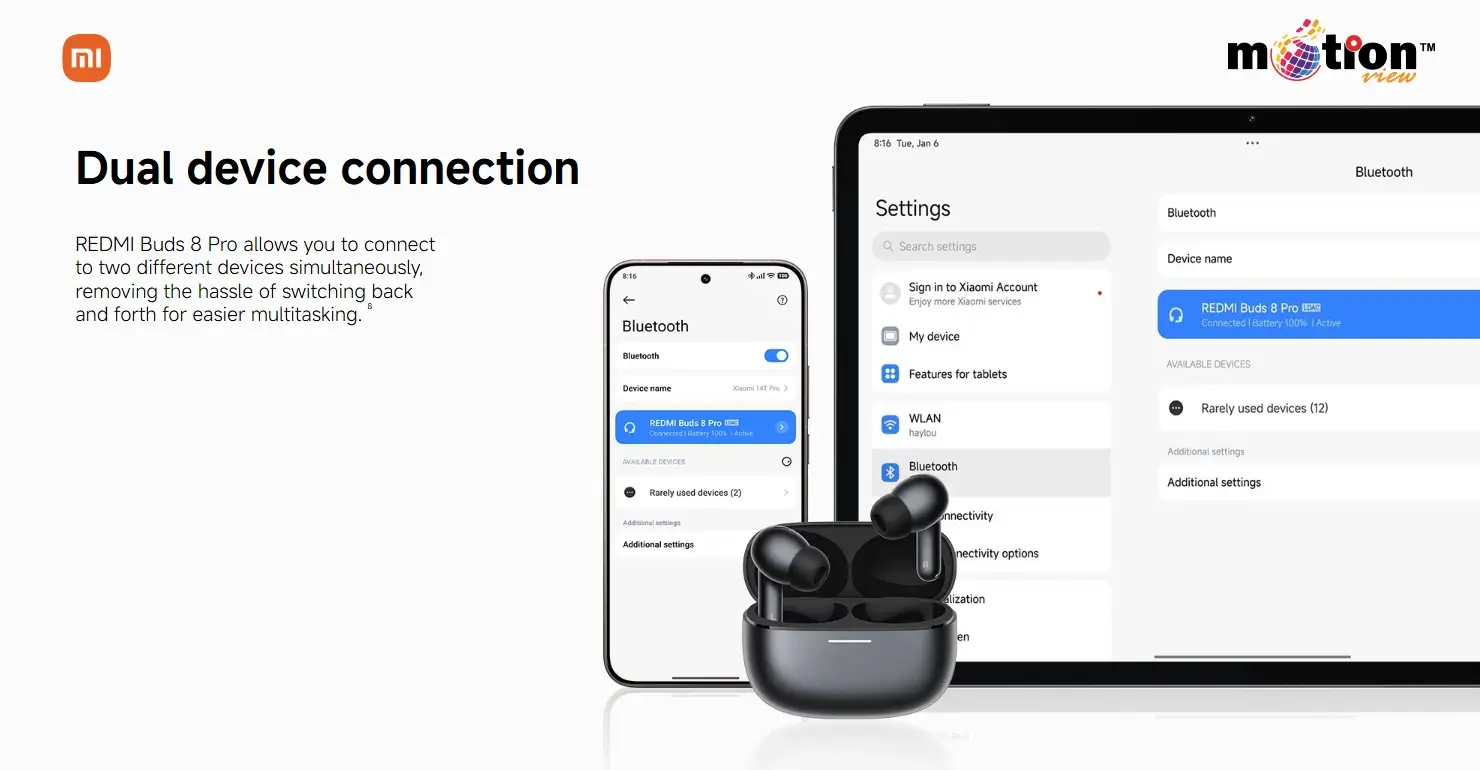 REDMI Buds 8 Pro dual device connection interface on a smartphone and tablet for seamless multitasking.