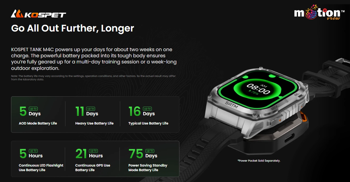 KOSPET TANK M4C Smartwatch showcasing long battery life with up to 16 days of typical use