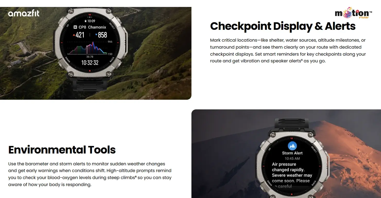 Amazfit T-Rex Ultra 2 checkpoint display and environmental alerts