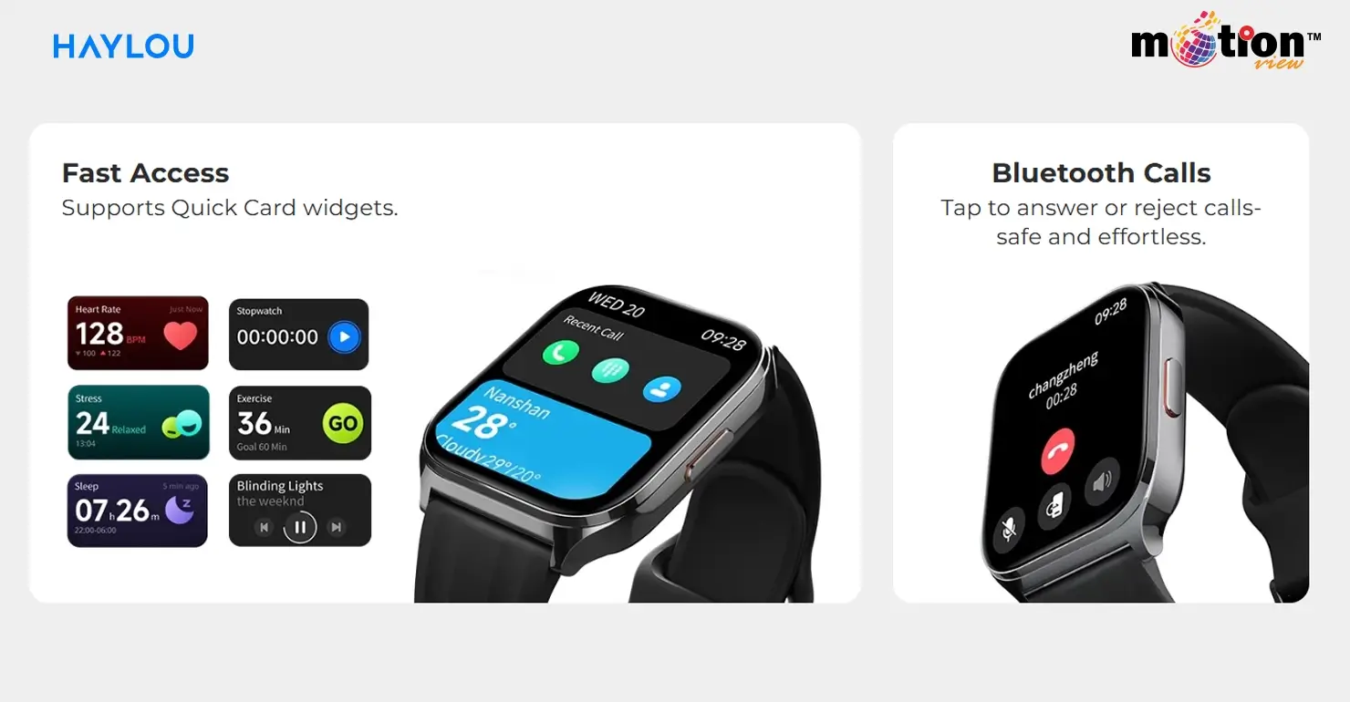 Bluetooth calling interface and quick card widgets on HAYLOU Watch 3