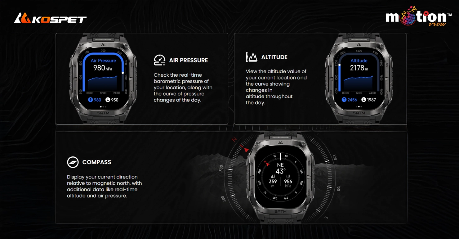 KOSPET TANK M4C Smartwatch displaying air pressure, altitude, and compass features for outdoor navigation