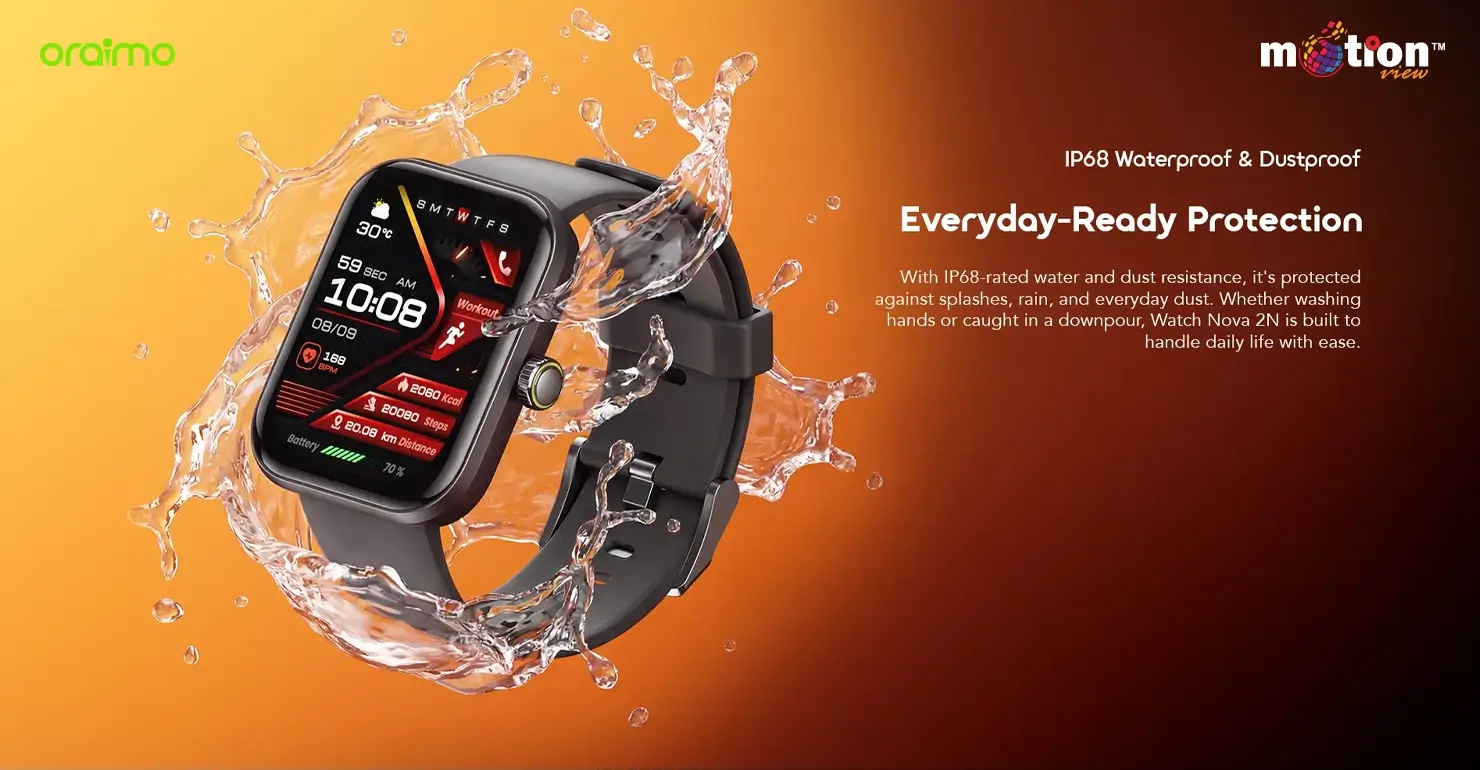 oraimo Watch Nova 2N OSW-815N smartwatch resisting water splashes to highlight its everyday IP68 waterproof and dustproof protection