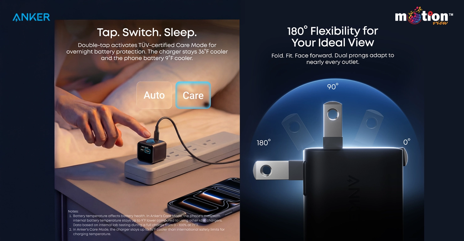 User tapping Anker Nano Charger to activate TÜV-certified Care Mode for cooler overnight battery charging.