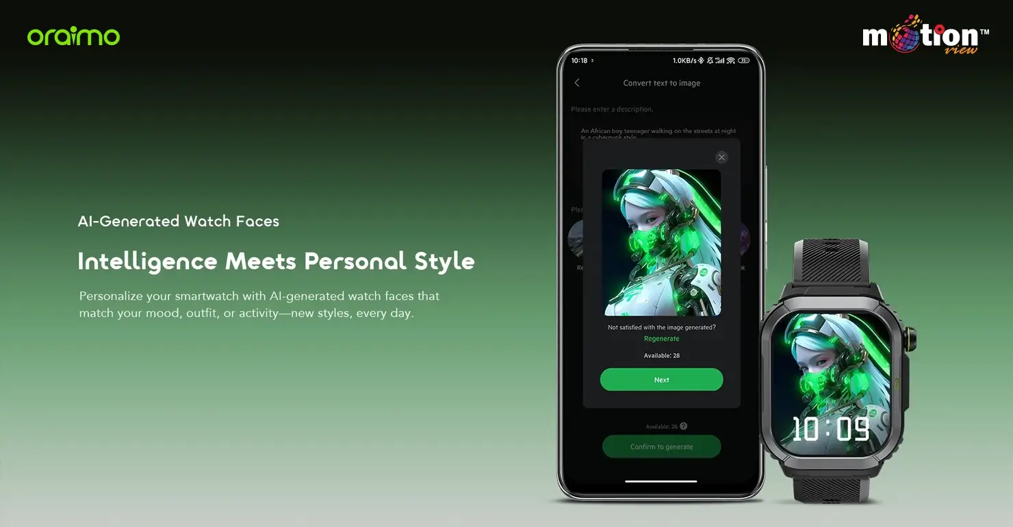 AI-generated custom watch faces feature for the oraimo Watch Lumos N OSW-808N shown alongside the smartphone companion app