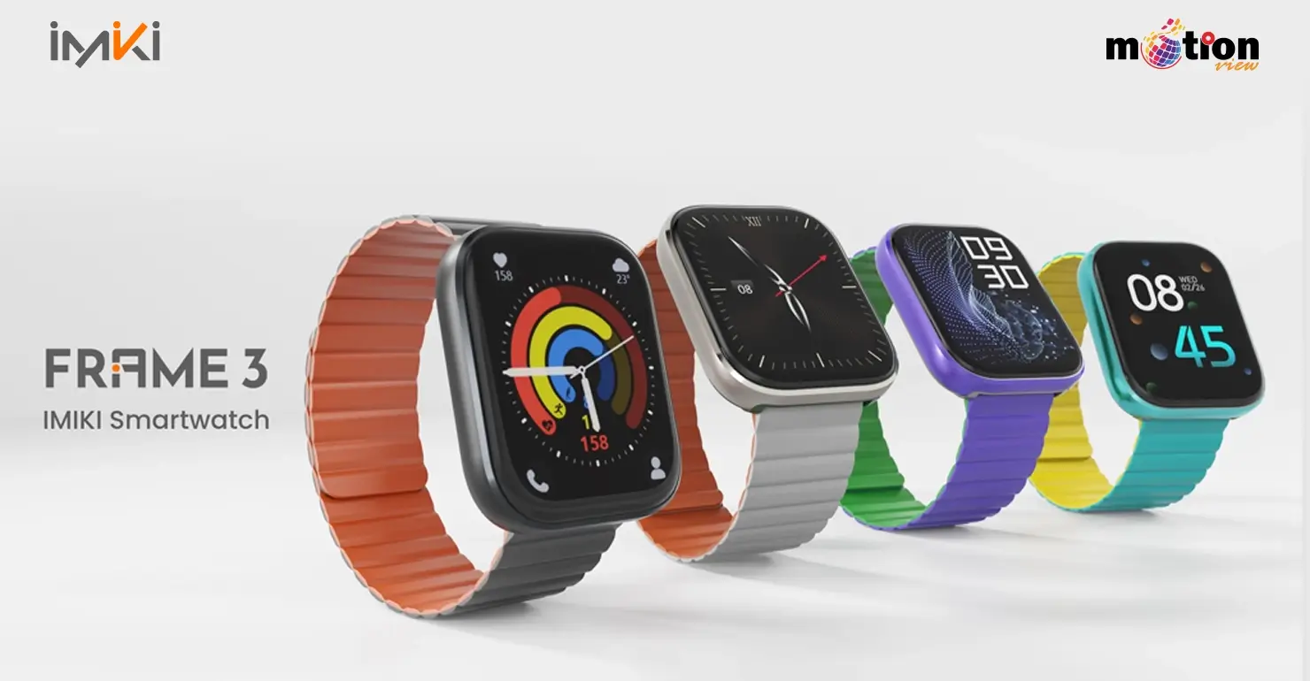 Imiki Frame 3 Smartwatch collection showing various strap colors including orange, grey, purple, and teal.