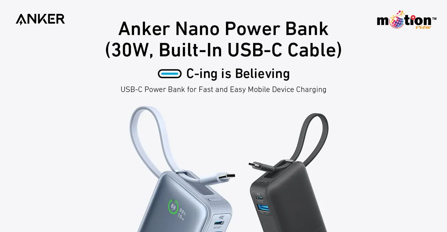 Anker Nano 10K 30W Power Bank in blue and black showcasing the convenient built-in USB-C charging cable
