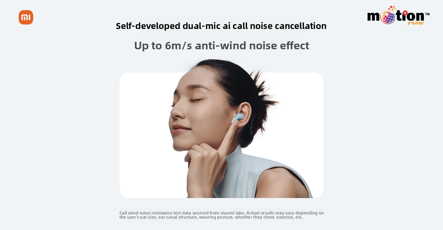 Lifestyle view of Redmi Buds 8 Youth Edition featuring self-developed dual-mic AI call noise cancellation and 6m/s anti-wind effect.