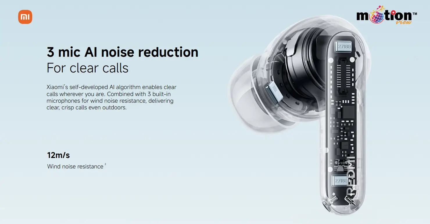 Transparent X-ray view of REDMI Buds 8 Pro highlighting the 3-mic AI noise reduction system and 12m/s wind noise resistance.