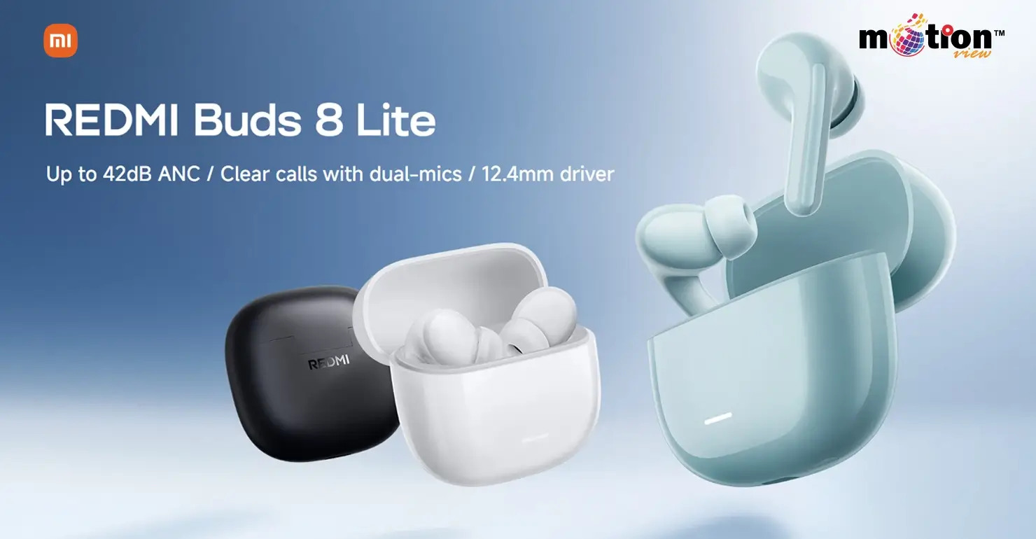 REDMI Buds 8 Lite wireless earbuds in Black, White, and Blue with 42dB ANC and 12.4mm driver.