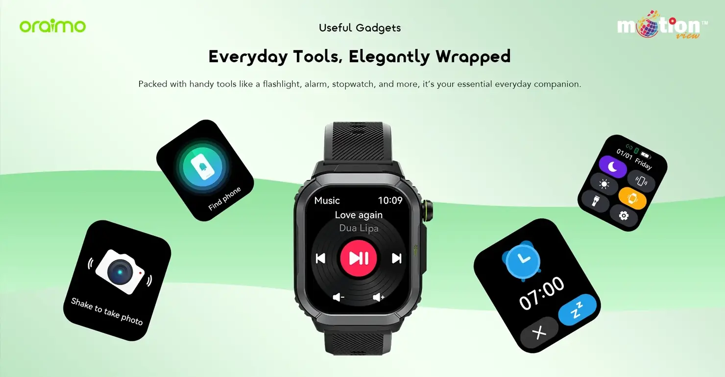 Everyday useful tools including music control, camera remote, find phone, and alarm features on the oraimo Watch Lumos N OSW-808N smartwatch